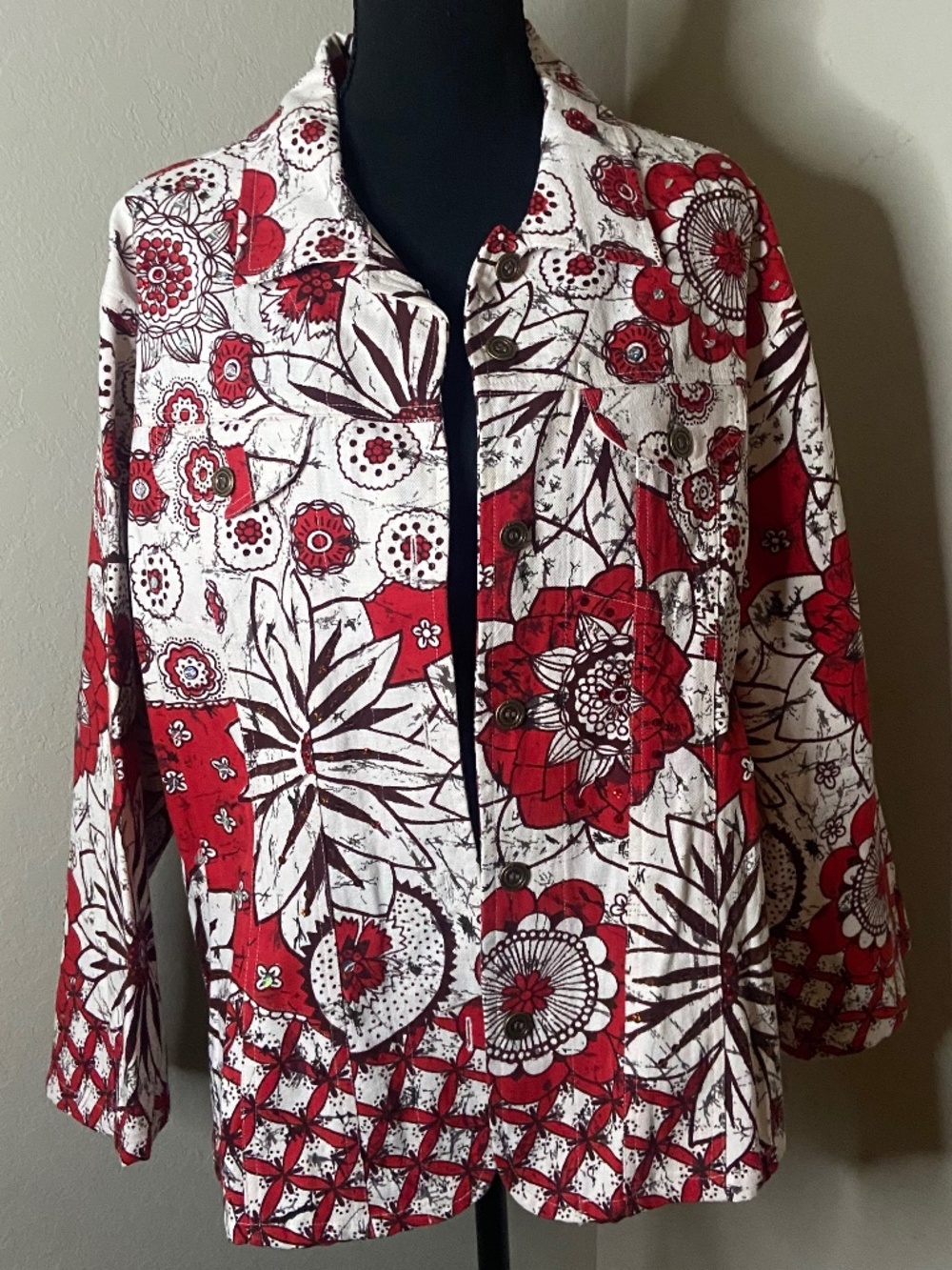 Gaudy Couture Red Floral Patchwork Print Button Front Canvas Jacket 1X